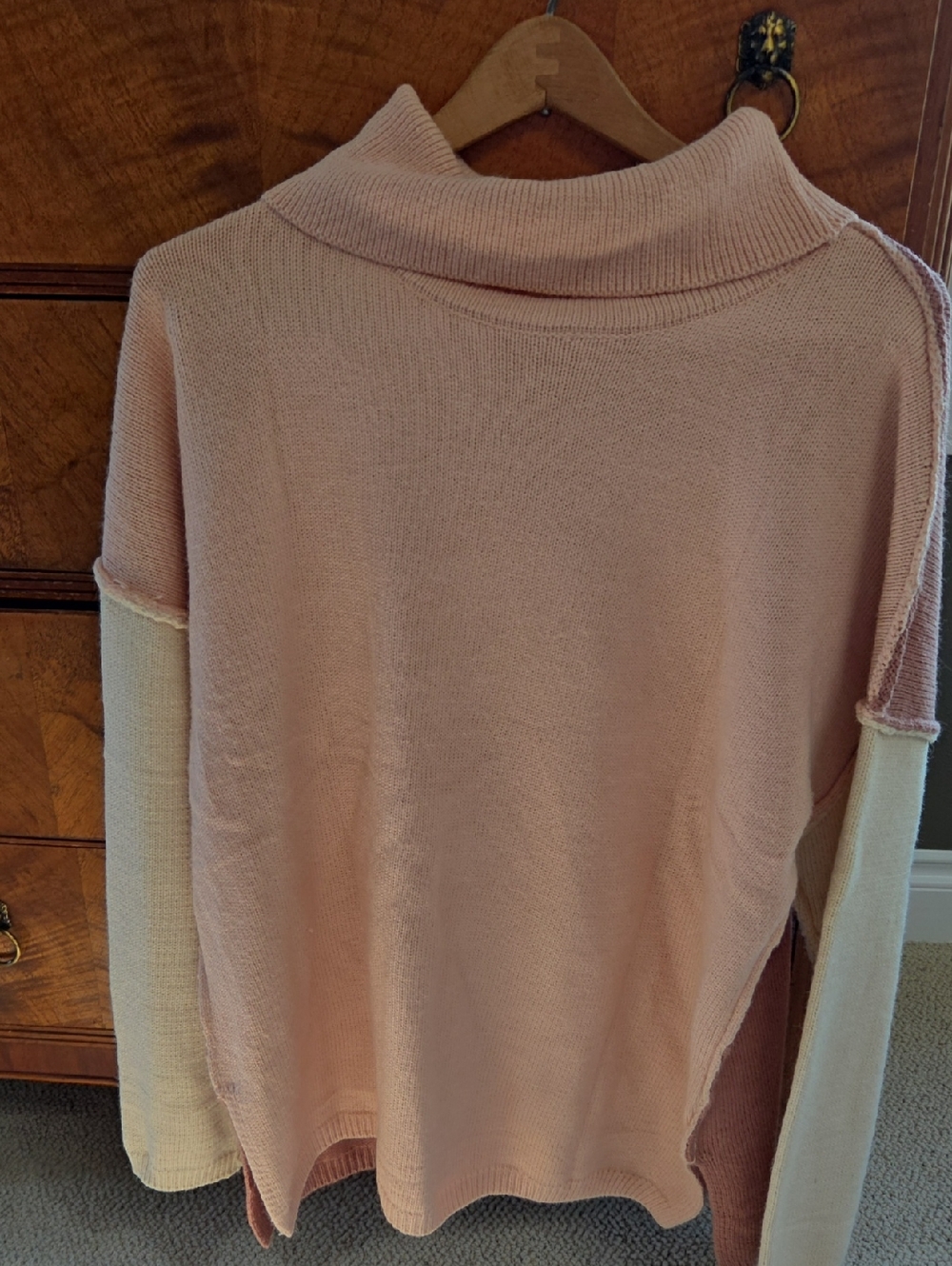 Turtleneck Colorblock Knit Sweater in Blush and Cream